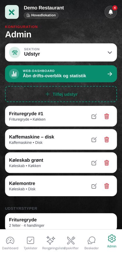 Equipment list with status colours
