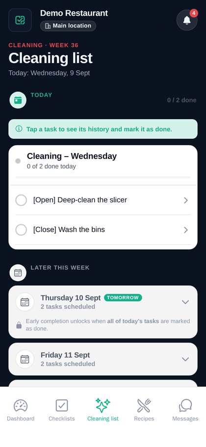 Cleaning plan per weekday