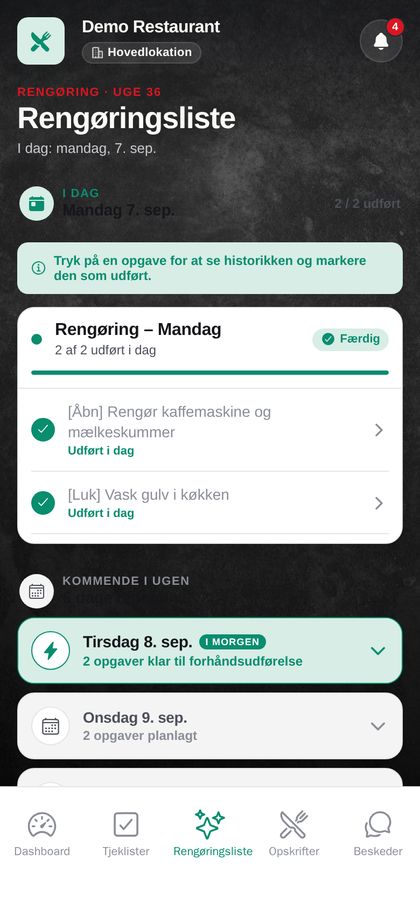 Cleaning plan per weekday