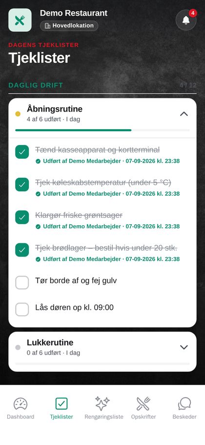 Checklist with ticked items and timestamps