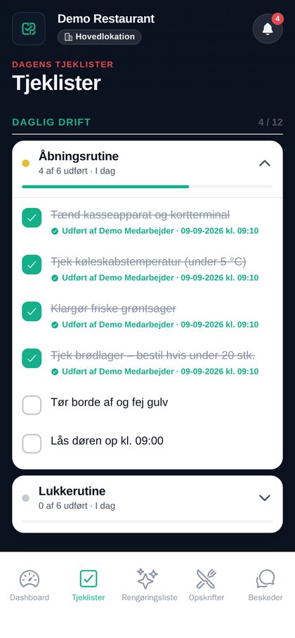 Tjekliste med afkrydsede punkter og tidsstempler